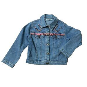 Fringe Denim Jacket Cowgirl Horse Shoe Western Snap Bling Sequin Bead Farm Rodeo
